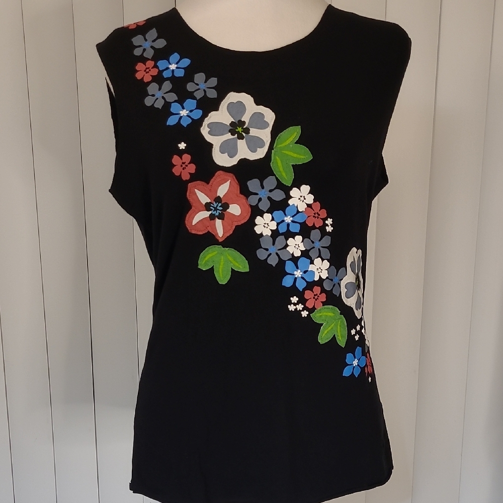 Roots Floral Embroidered Black Sleeveless Top